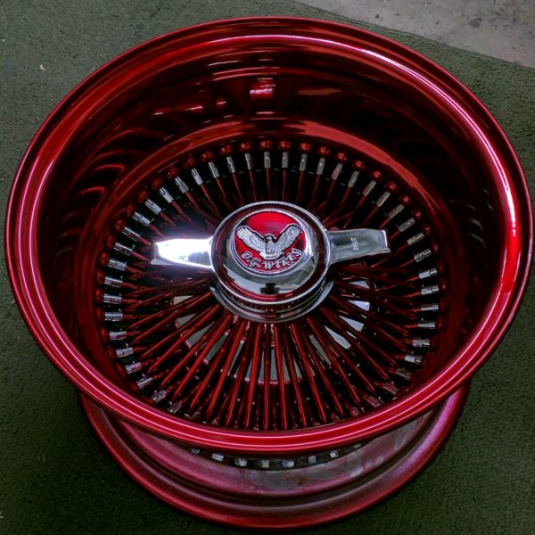 NEW 13 x 7 inch 100 spoke Rev wire wheels rims set CANDY RED NEW.